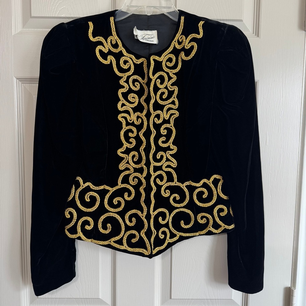 Farinae Collections Vintage Black Velvet Gold Soutache Cropped Jacket Sz 8 Glam
